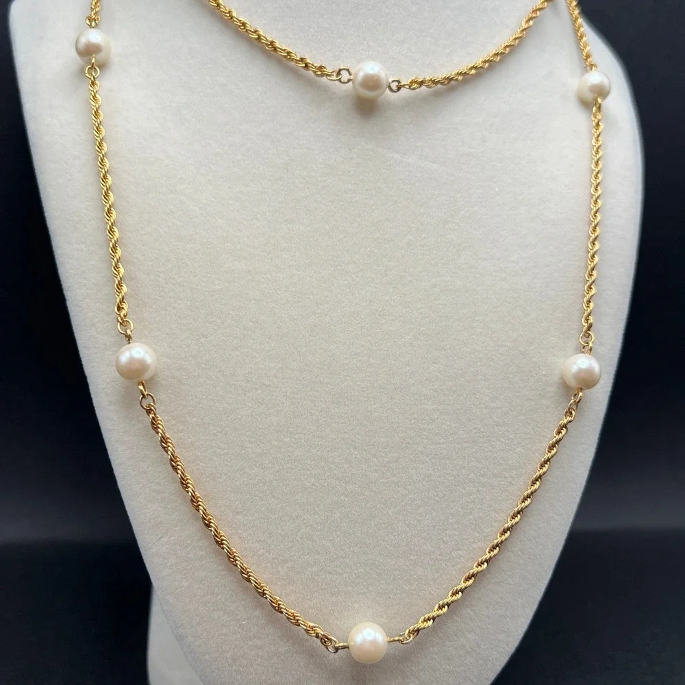 Vintage Station‎ Necklace Gold Tone Rope Chain Faux Pearl Classic Opera 34